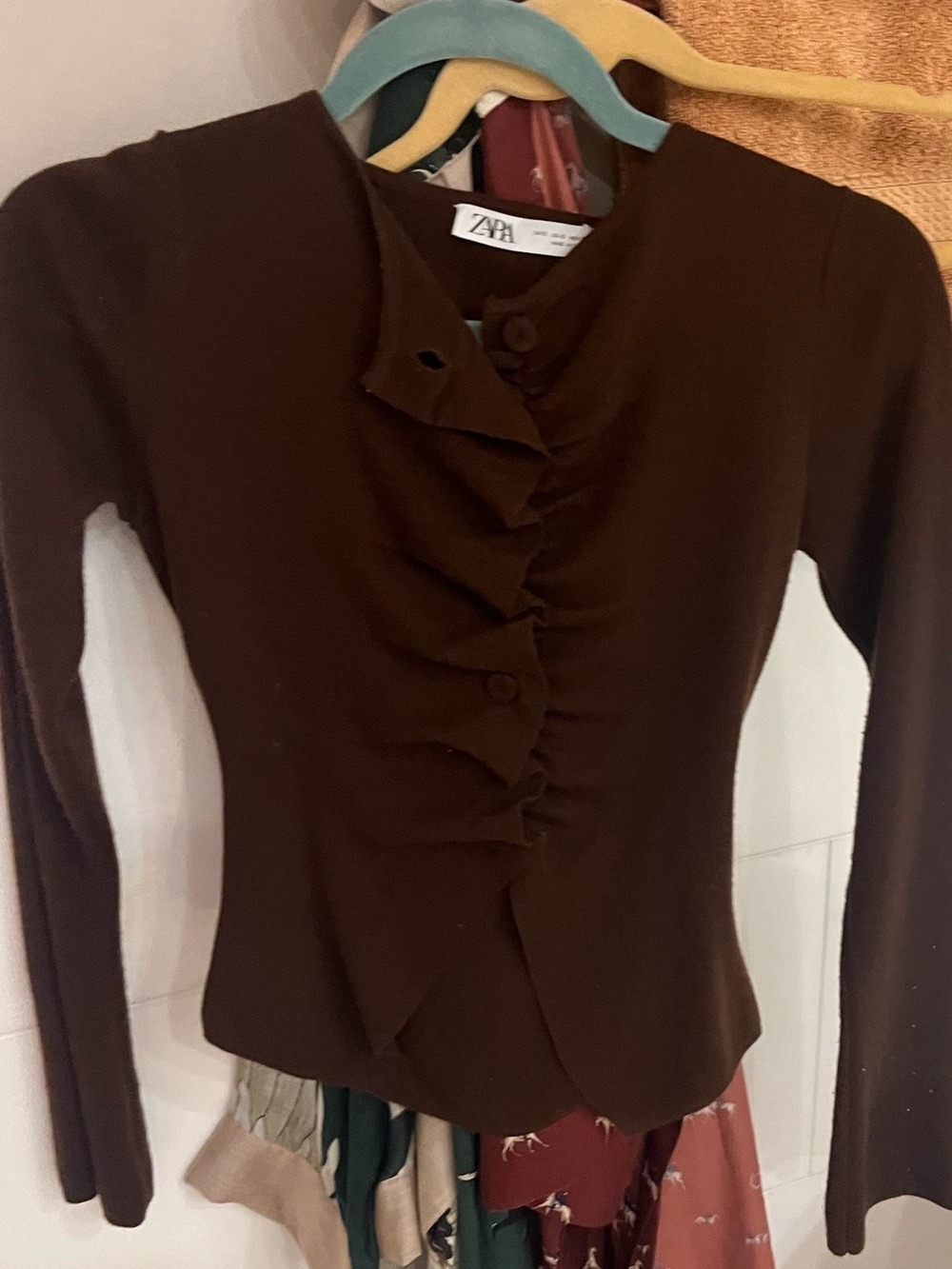 Zara Chocolate Brown Ruffled Button-Front Cardigan